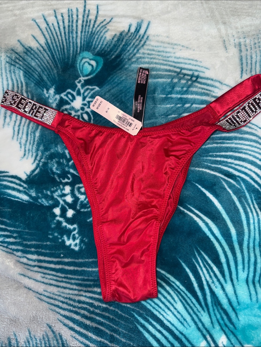 Victoria's Secret Red Satin Thong with Rhinestone Logo Bands